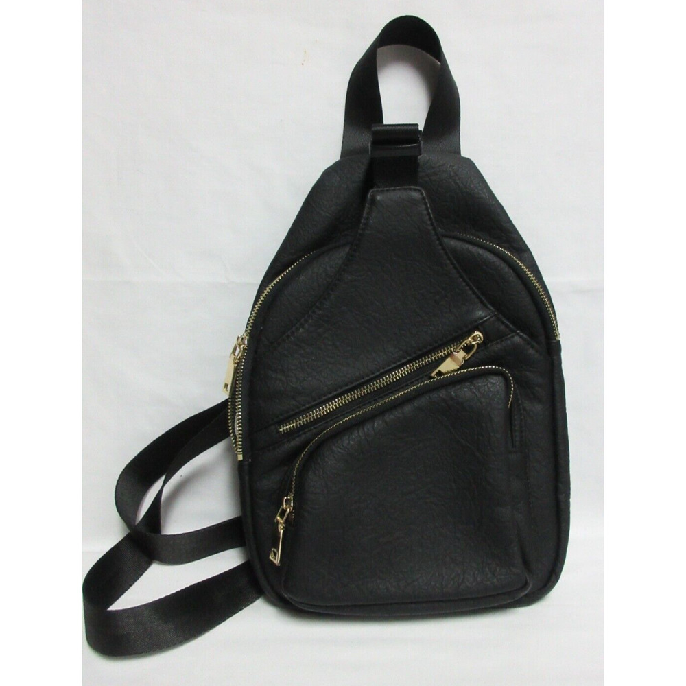 VEGAN Sling Bag Purse Urban Expressions Black Gold Zippers Adjustable Strap